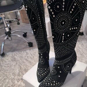 Black Studded Knee-High Stiletto Boots - Elegant Women's Evening Shoes